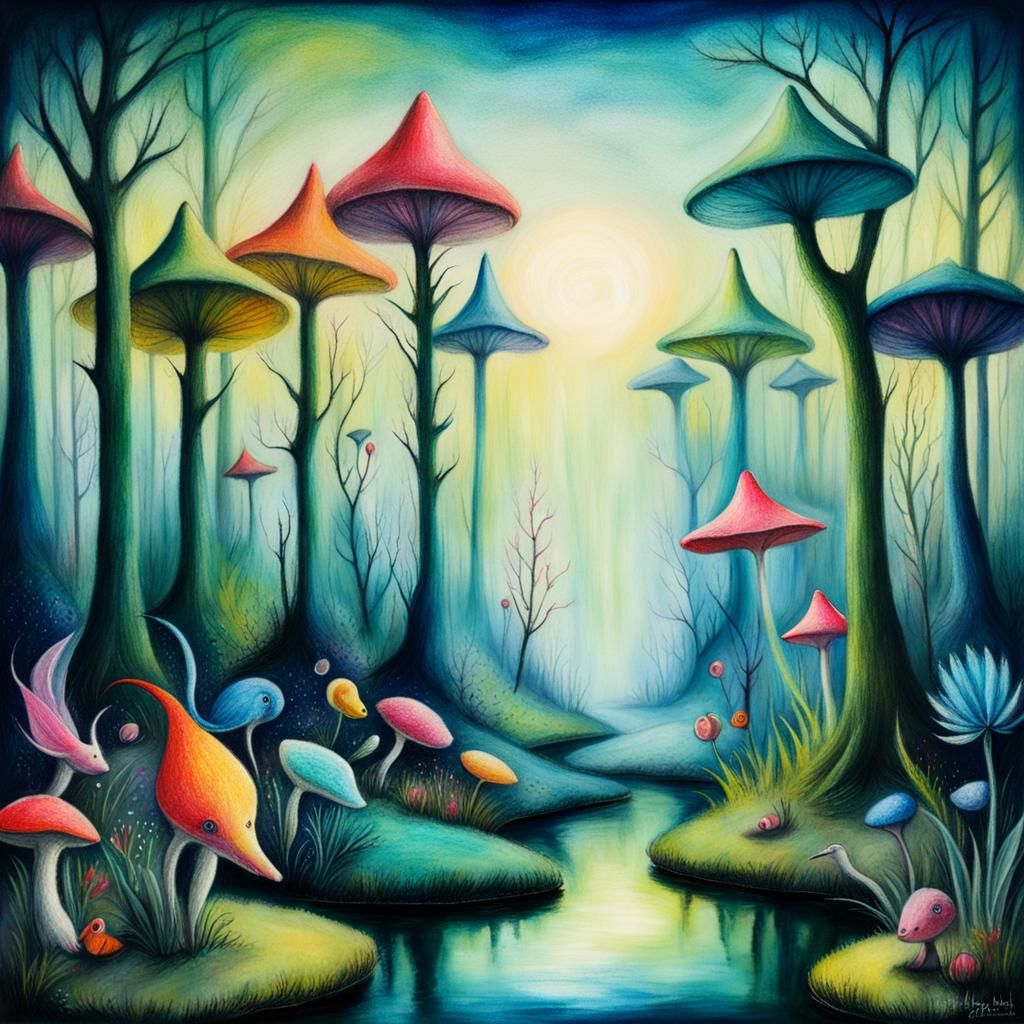 Surreal Fairy Wonderland in Oil Pastel Style