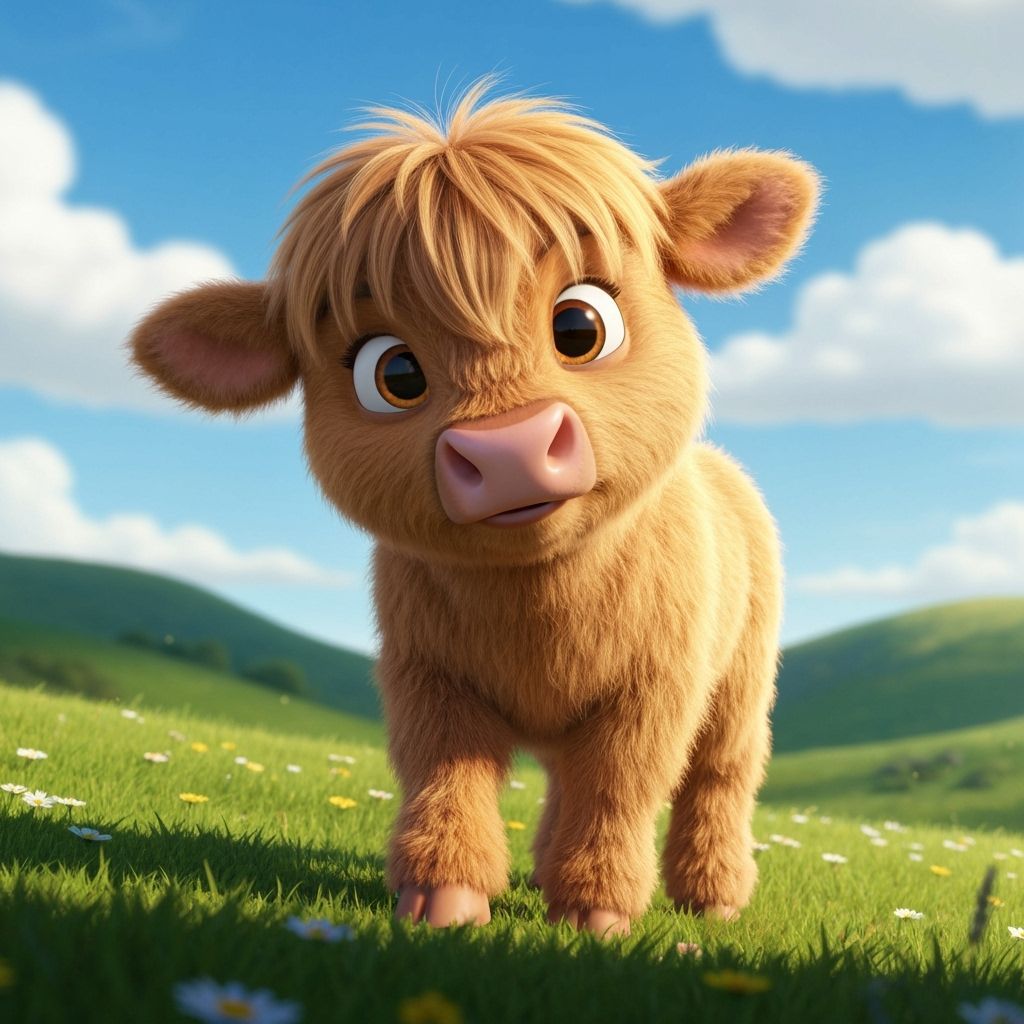 Adorable Fluffy Highland Cow Calf in Disney Style
