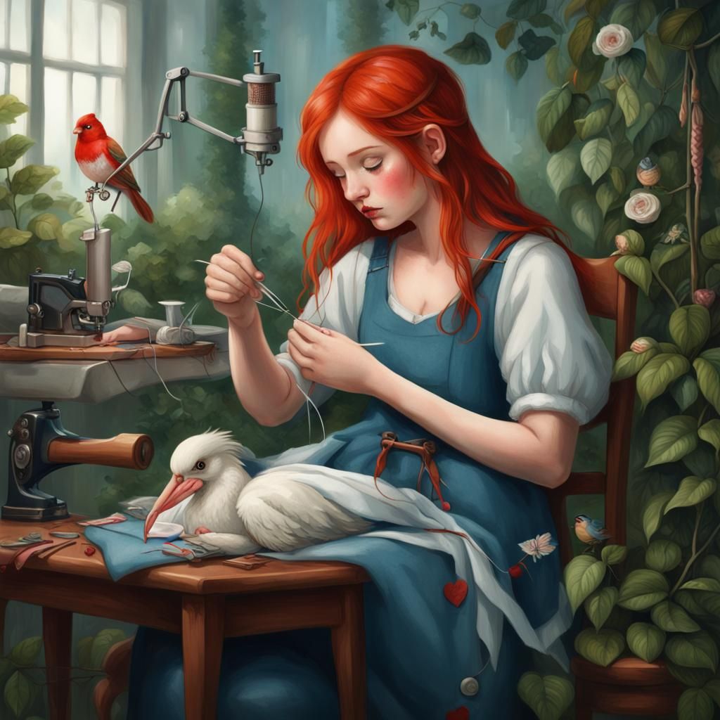 Girl Sewing Her Heart with Bird in Greenery