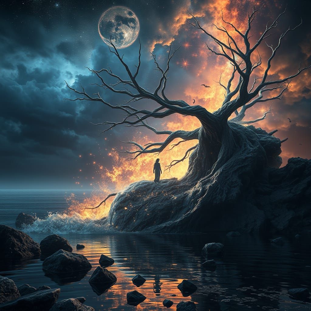 Surreal Goddess Emerges from Starlit Lake in Stunning Digita...