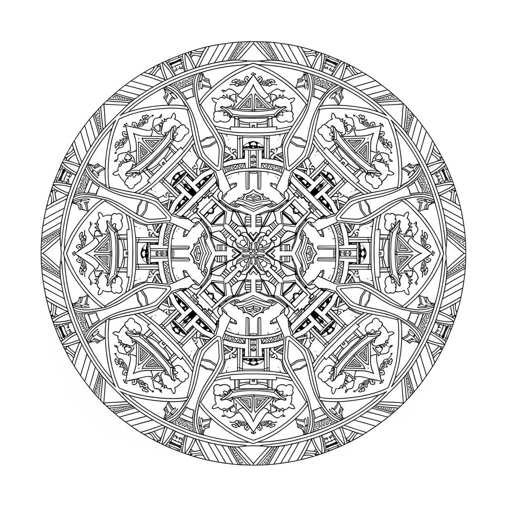 Intricate Sintoist Mandala Coloring Page in Black and White