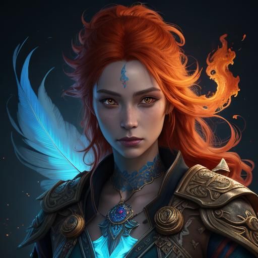 Fiery Haired Girl with Feather Tattoo: Fantasy Portrait