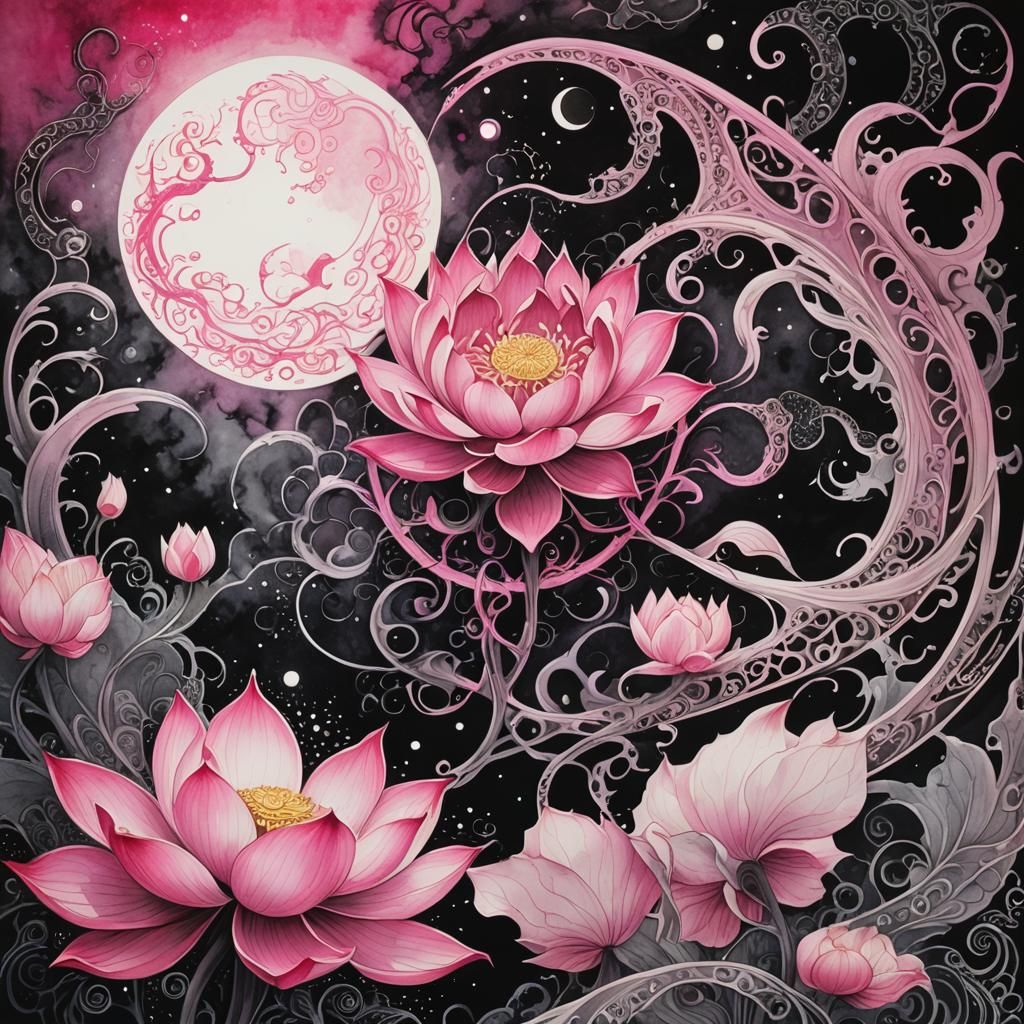 Glowing Lotus Flower in Eldritch Ink Wash Painting