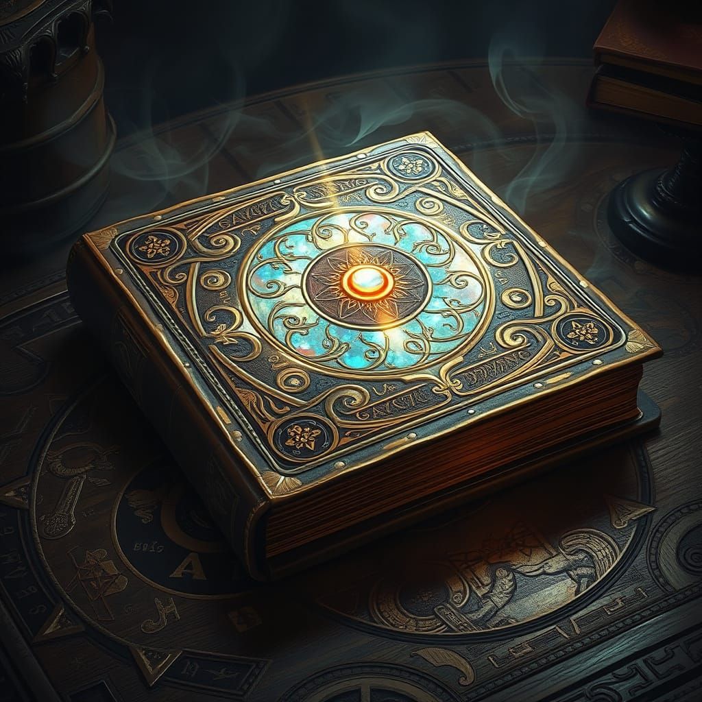 Arcane Vellum Tome on Dark Wooden Table in Mystical Surreali...