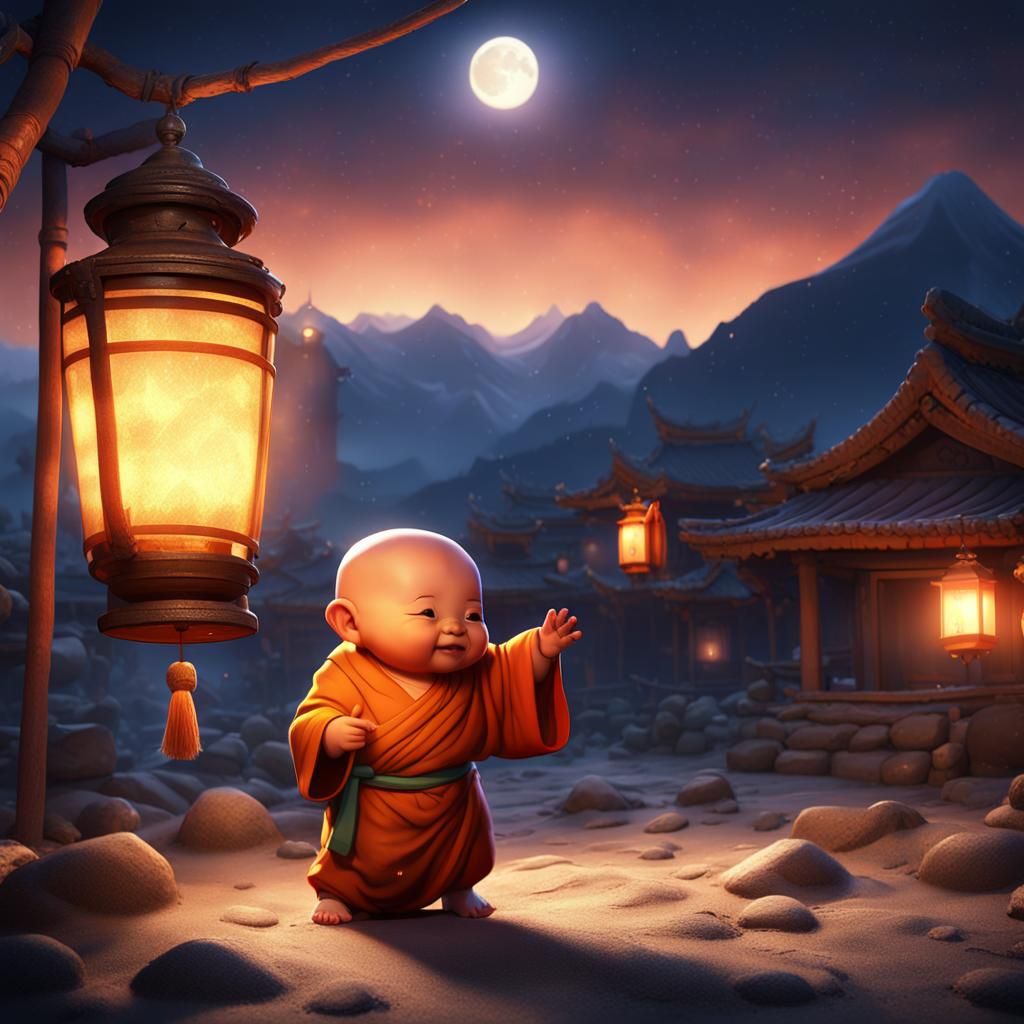 Happy Baby Monk in Moonlit Village, Fantasy Art