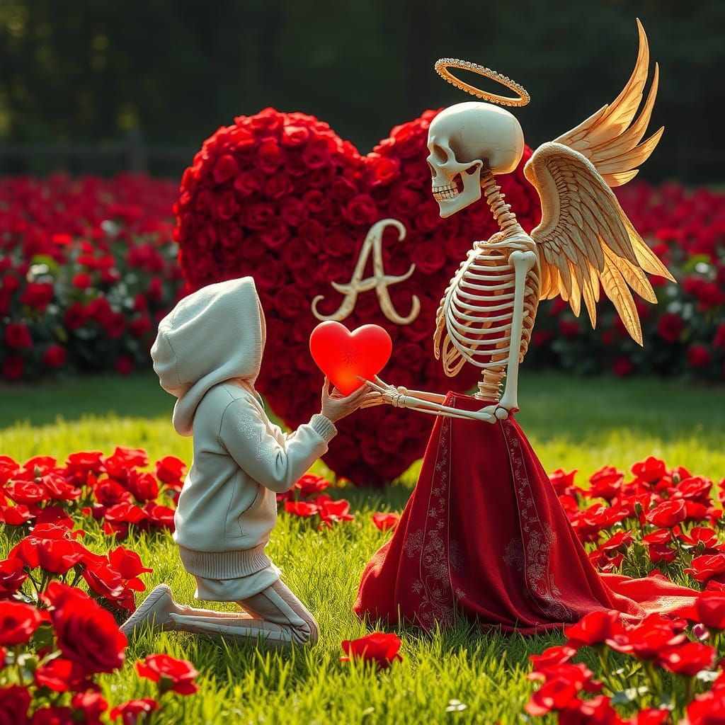 Skeletal Lovers in Rose Garden with Glowing Heart
