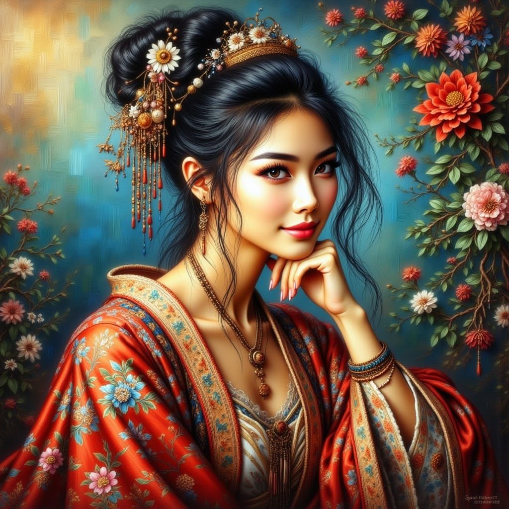 Elegant Song Dynasty Noblewoman in Vibrant Silk Robes