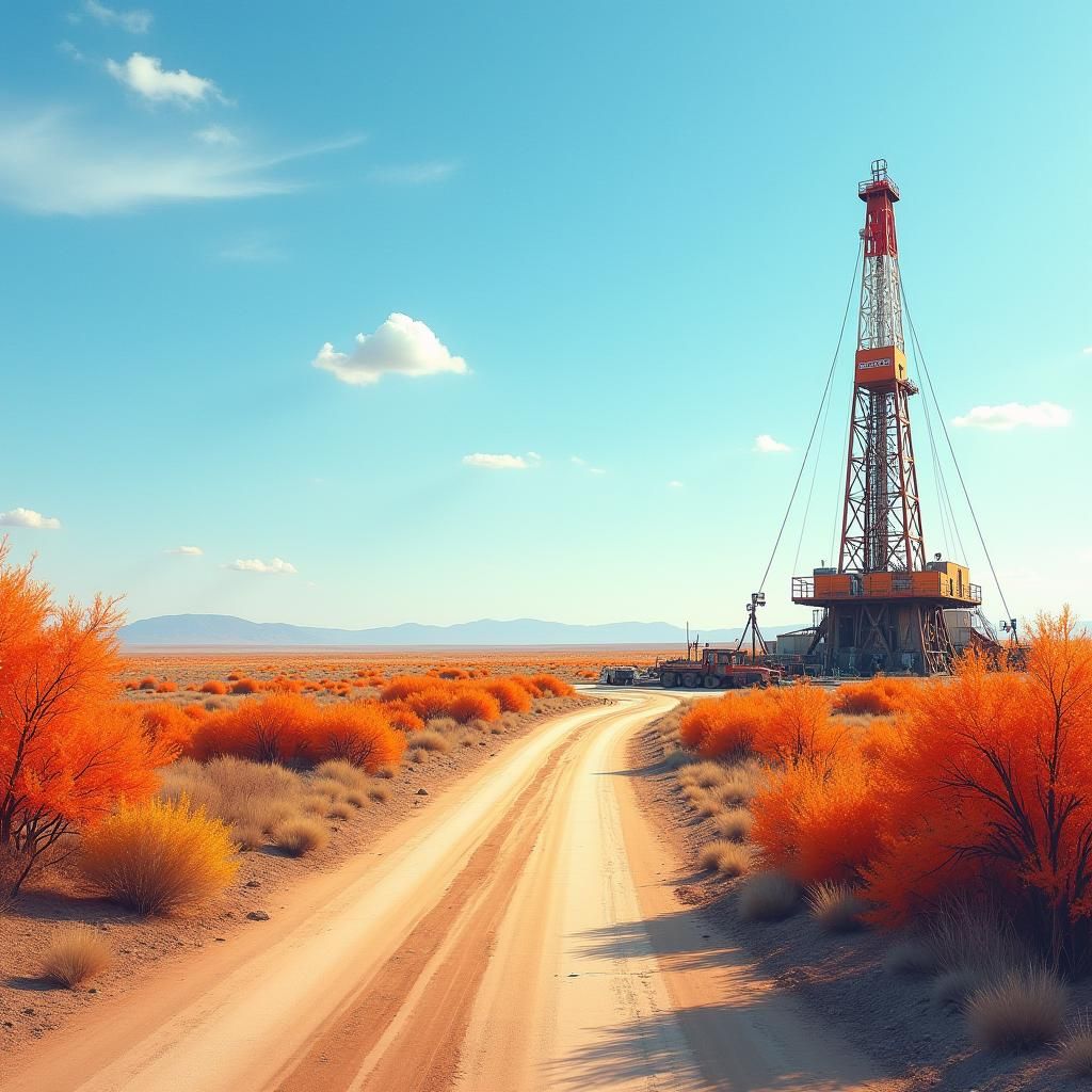 Autumn Oil Rig in Watercolor Landscape