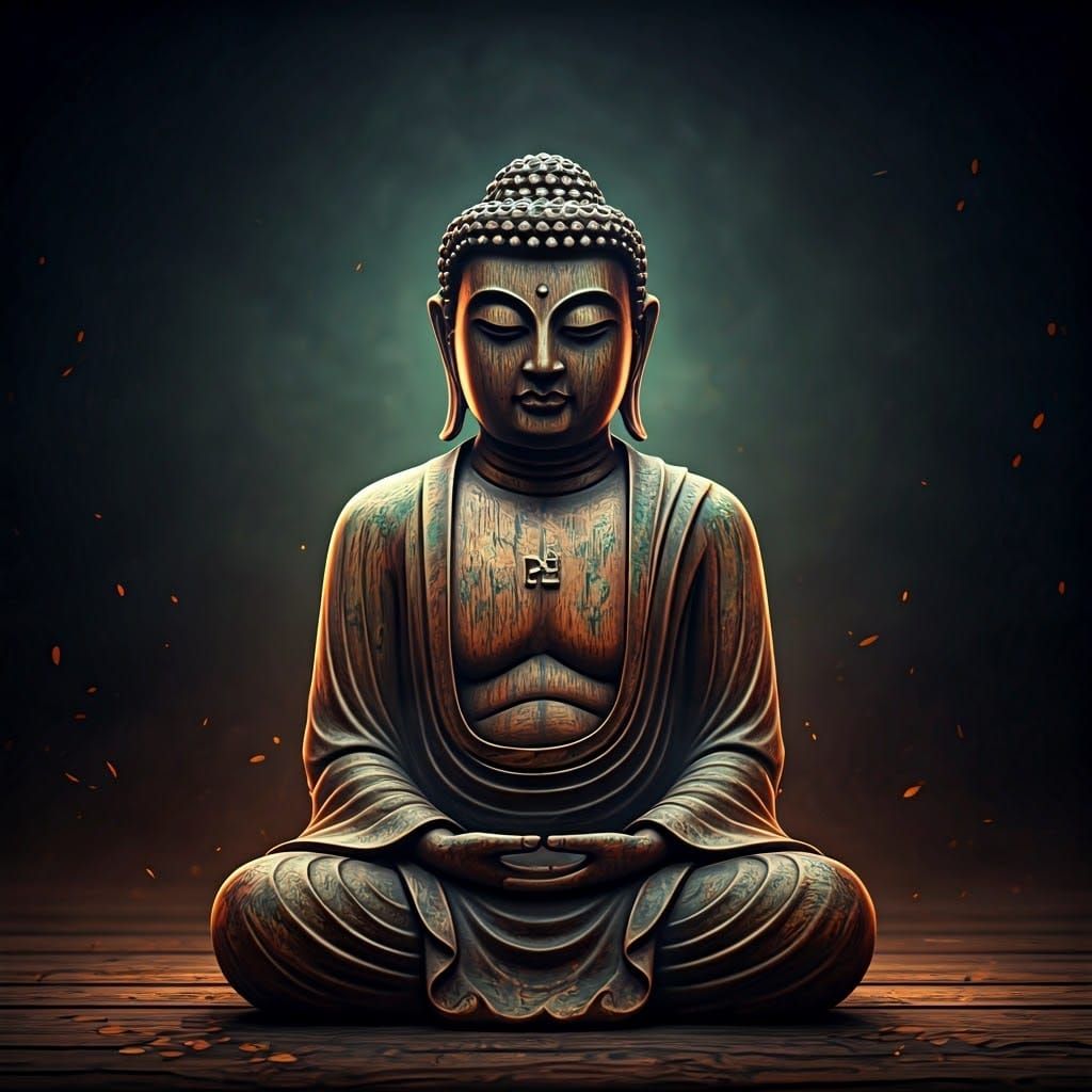 Mystical Wooden Statue in Dramatic Triadic Hues