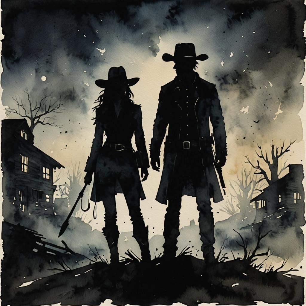 Haunting Cowboy Silhouette in Watercolor Painting