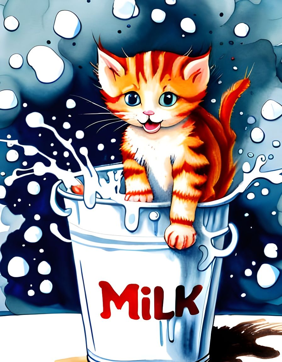 Cute Kitten Splashing in Milk: Watercolor Art