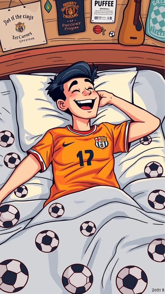 Cheerful Soccer Fan in Bed, Surrounded by Sports Memorabilia