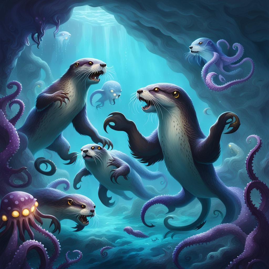 Pirate Otters Battle Octopi in Dark Cavern