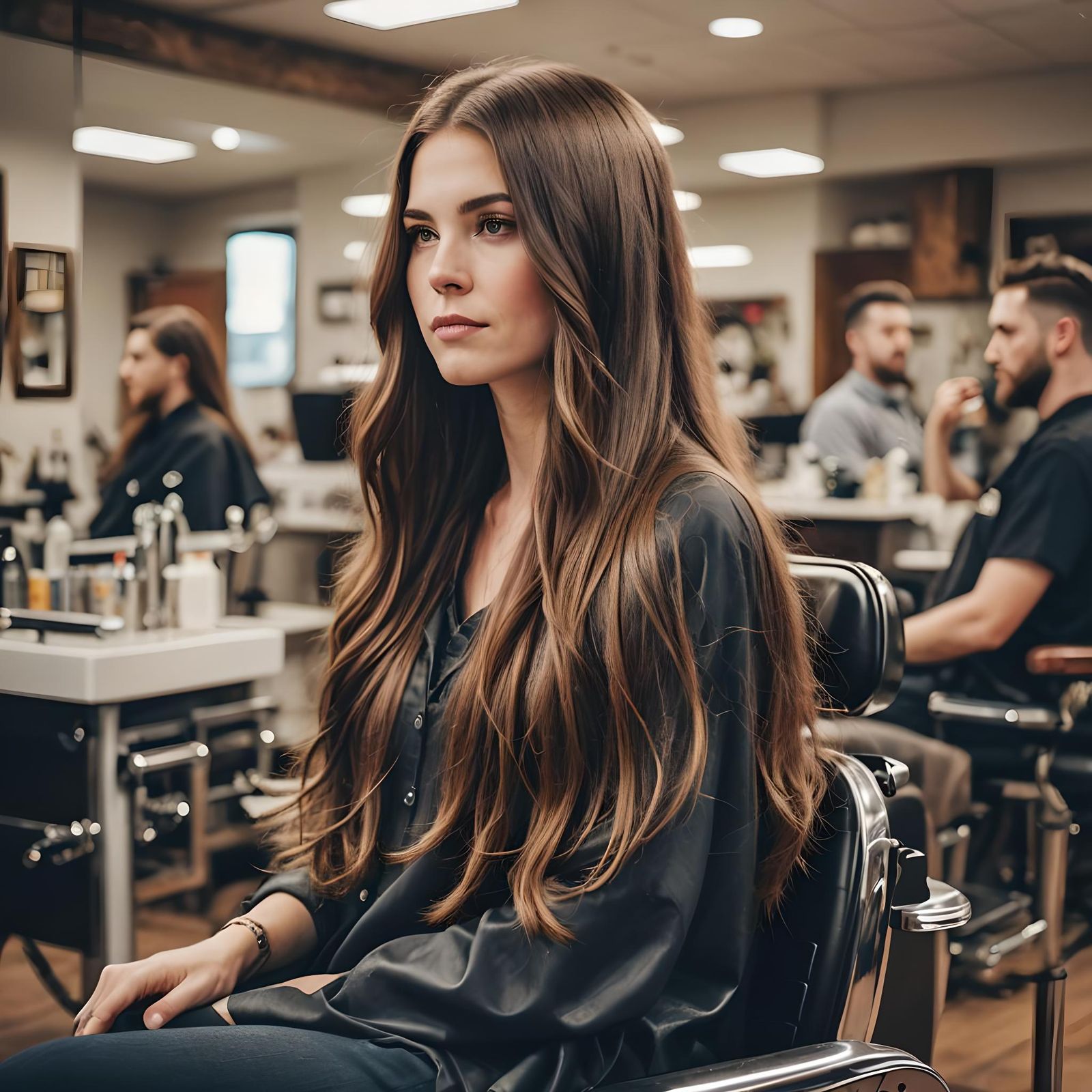 Woman with Long Hair in Barber Chair