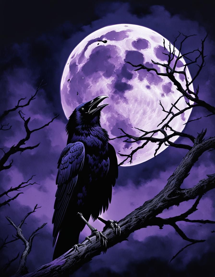 Raven Screaming at the Moon: Dark Fantasy Illustration