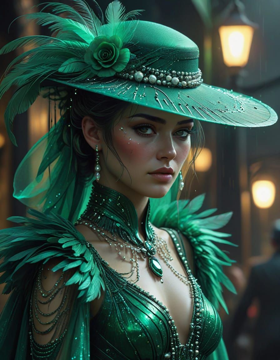Ethereal Damsel in Green Gown and Feathered Hat