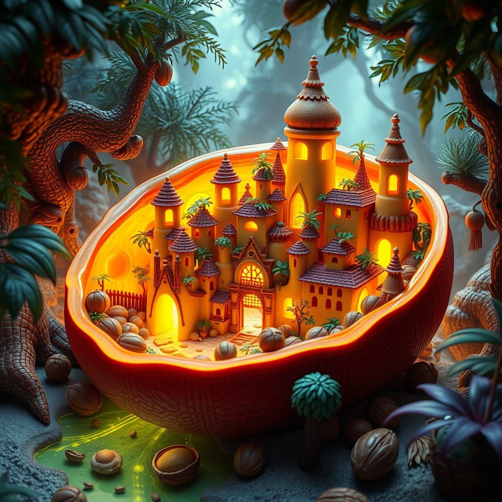 Vibrant Jungle City Inside Glowing Nutshell Painting