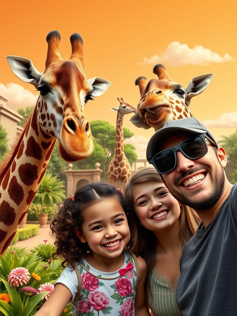 Giraffes Photobomb a Family Selfie in a Vibrant Zoo Setting