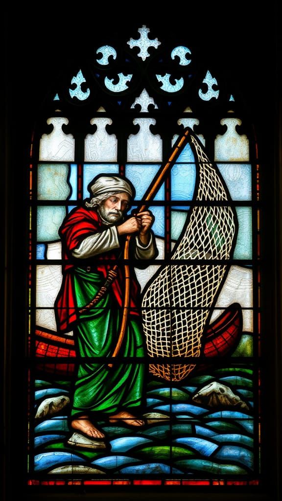Medieval Stained Glass Fisherman in Chartres Style