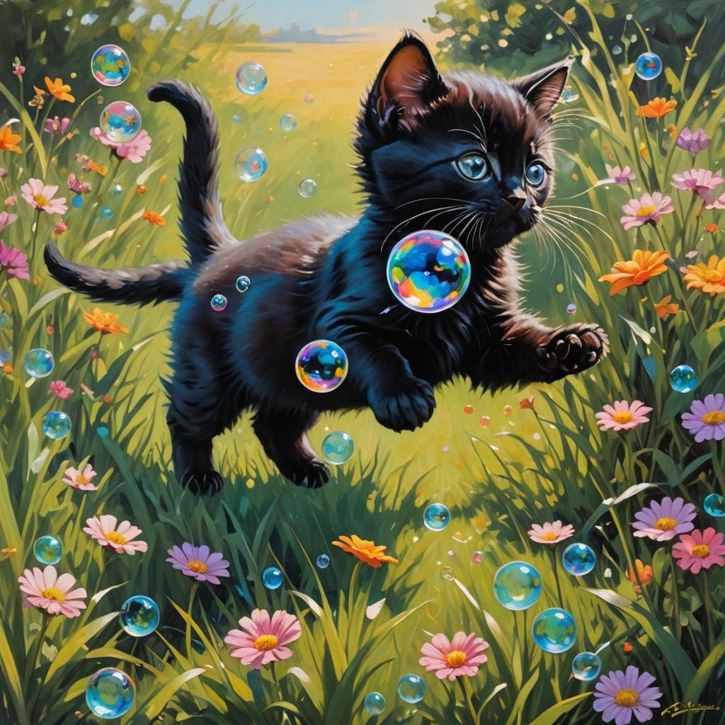 Black Kitten's Bubble Chase: An Oil Painting