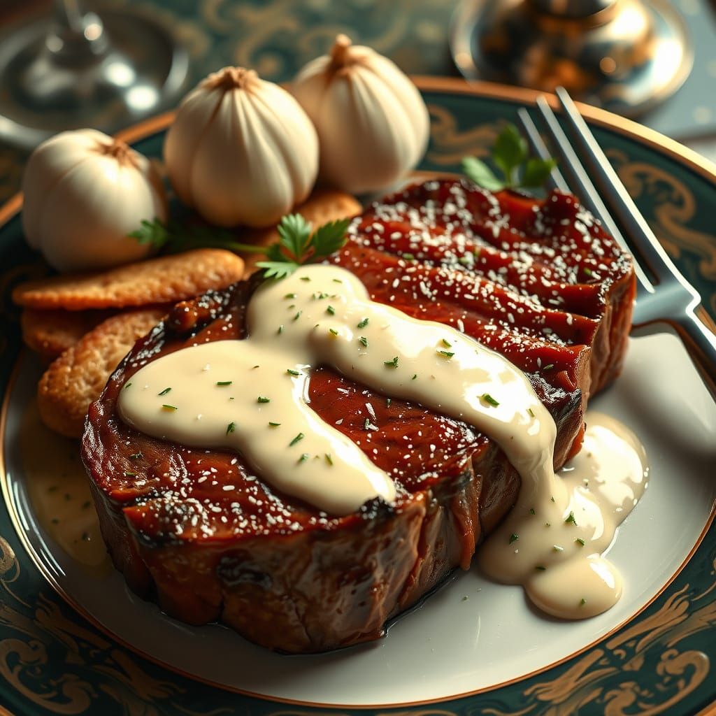 Juicy Steak with Garlic Sauce in Art Nouveau Style