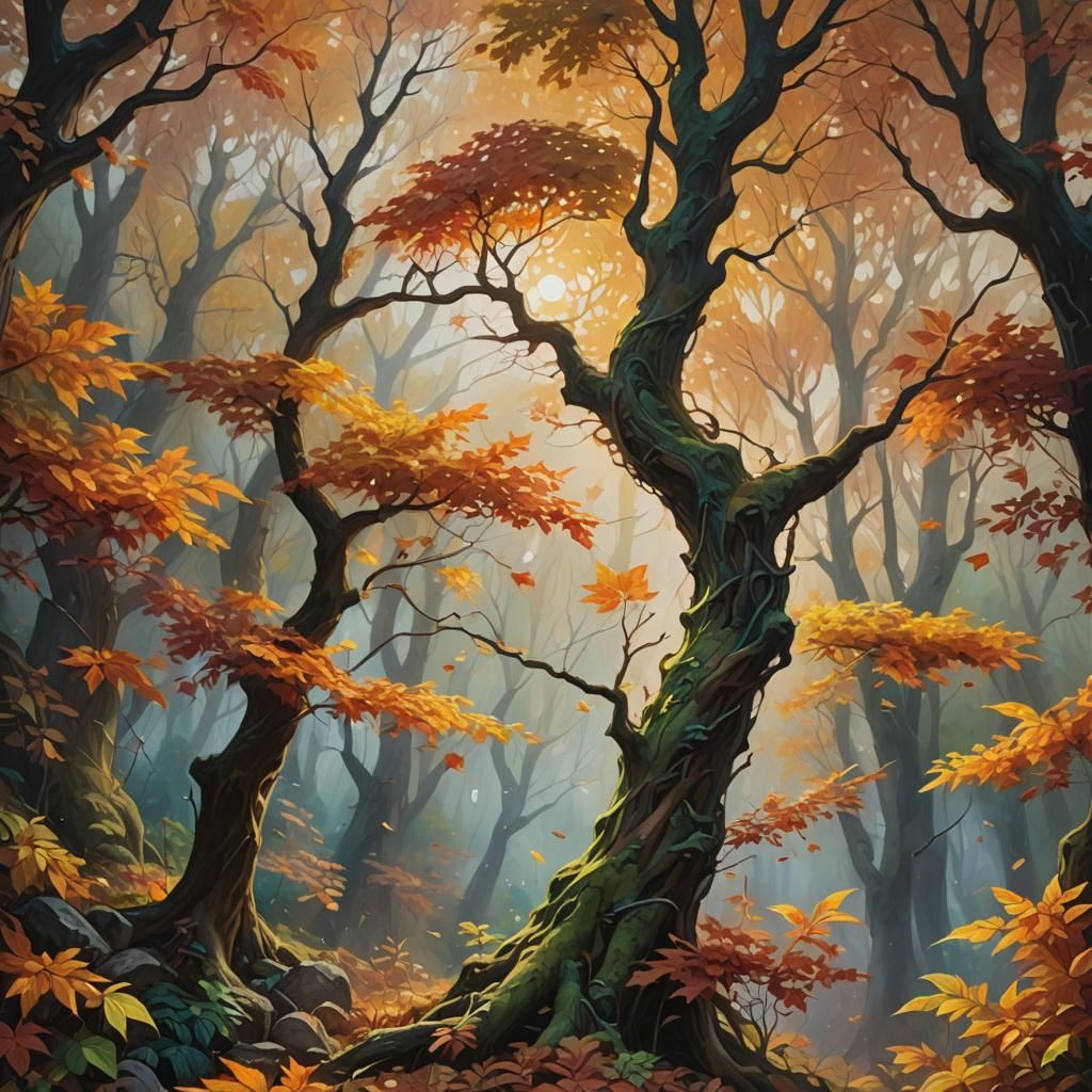 Autumnal Mountain of Leaves Oil Painting
