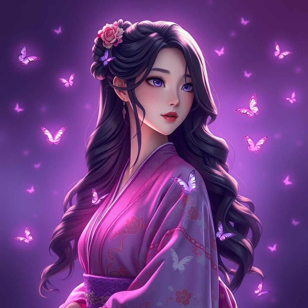 Ethereal Woman in Byzantine Purple Kimono, Anime-Inspired Ar...