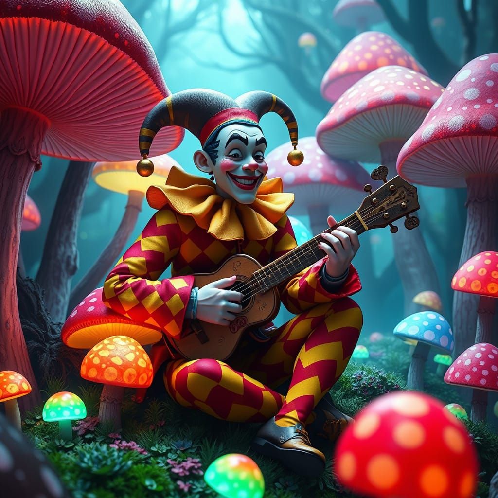 Jester in Luminescent Mushroom Forest