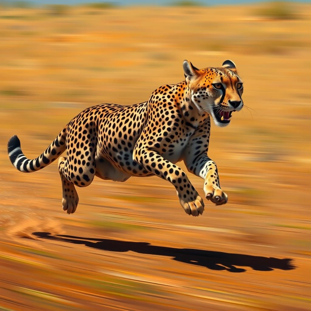 Cheetah in Mid-Stride, Sprinting Across Sun-Baked Savannah