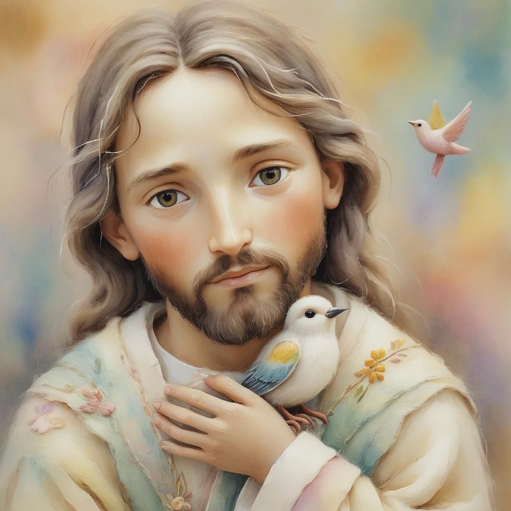 Tender Jesus Holding Bird in Whimsical Folk Art