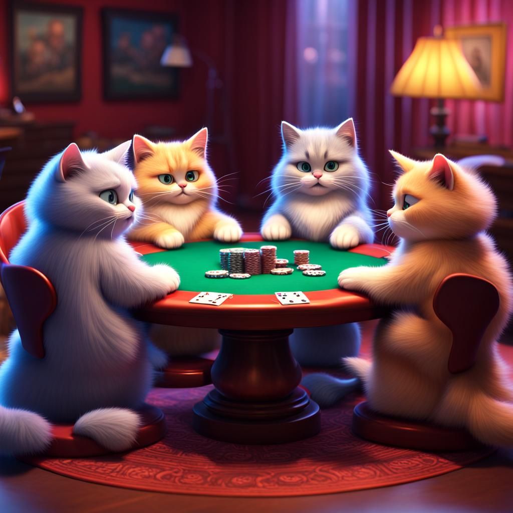 Fluffy Cats Playing Poker: 3D Digital Art