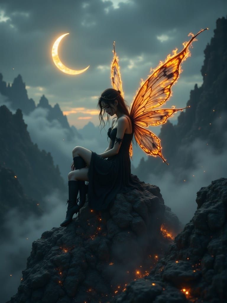 Ethereal Fairy Dances with Blazing Wings under Crescent Moon...