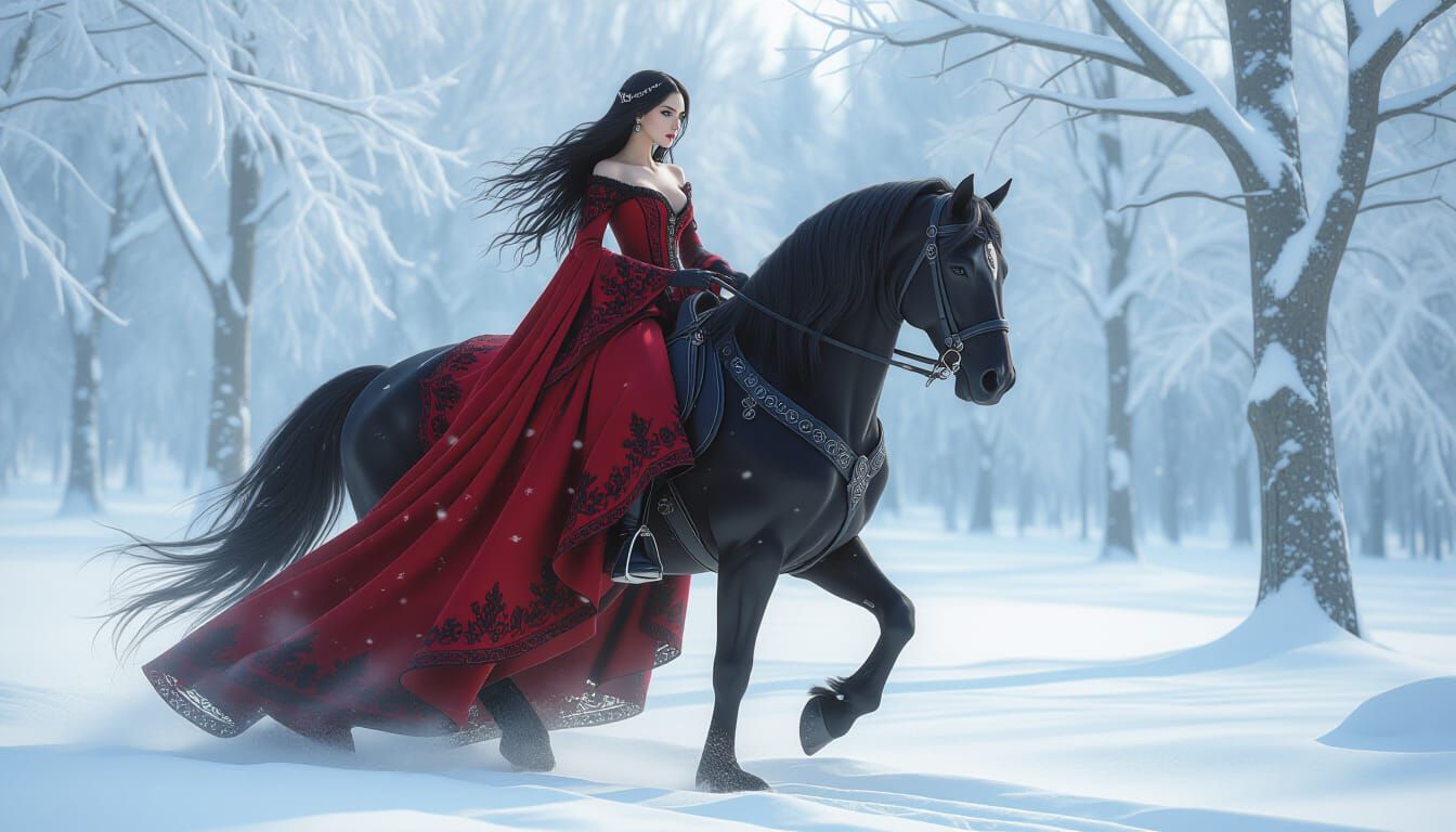 Gothic Warrior Princess on Black Stallion in Snowy Forest