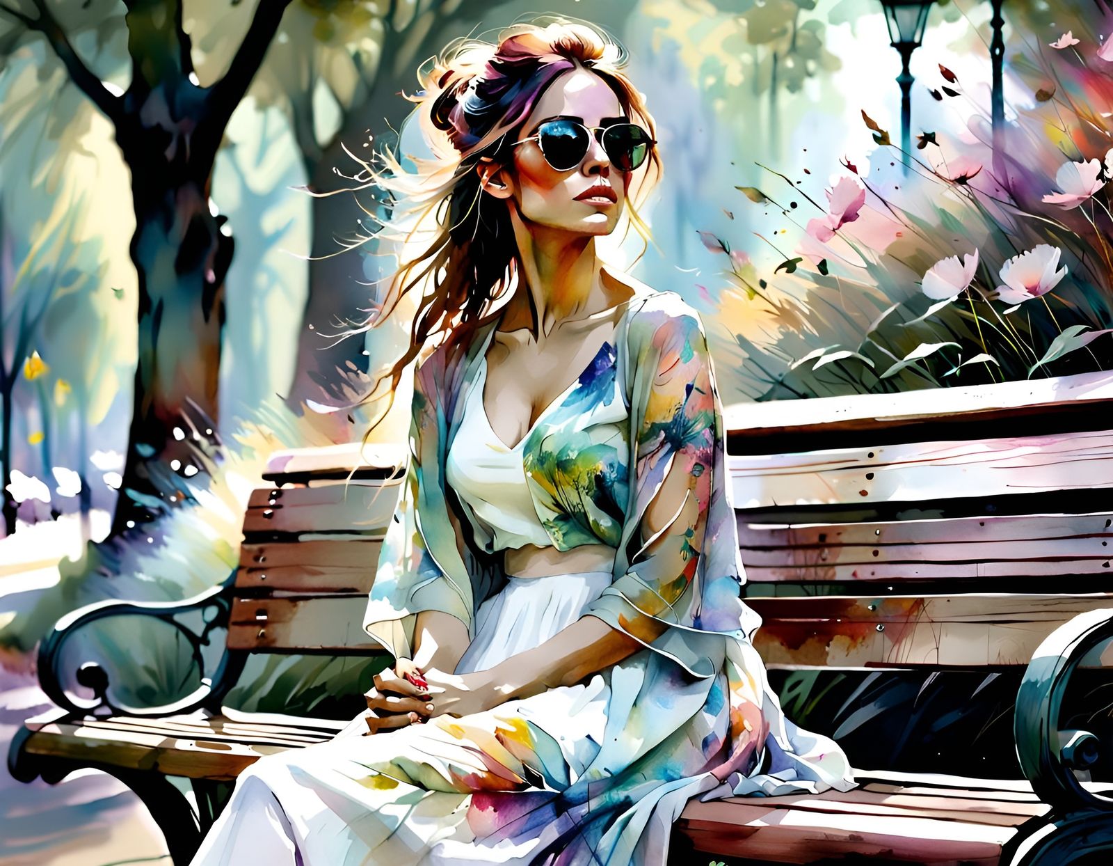 Watercolor Wallpaper: Woman Waiting on Seaside Bench