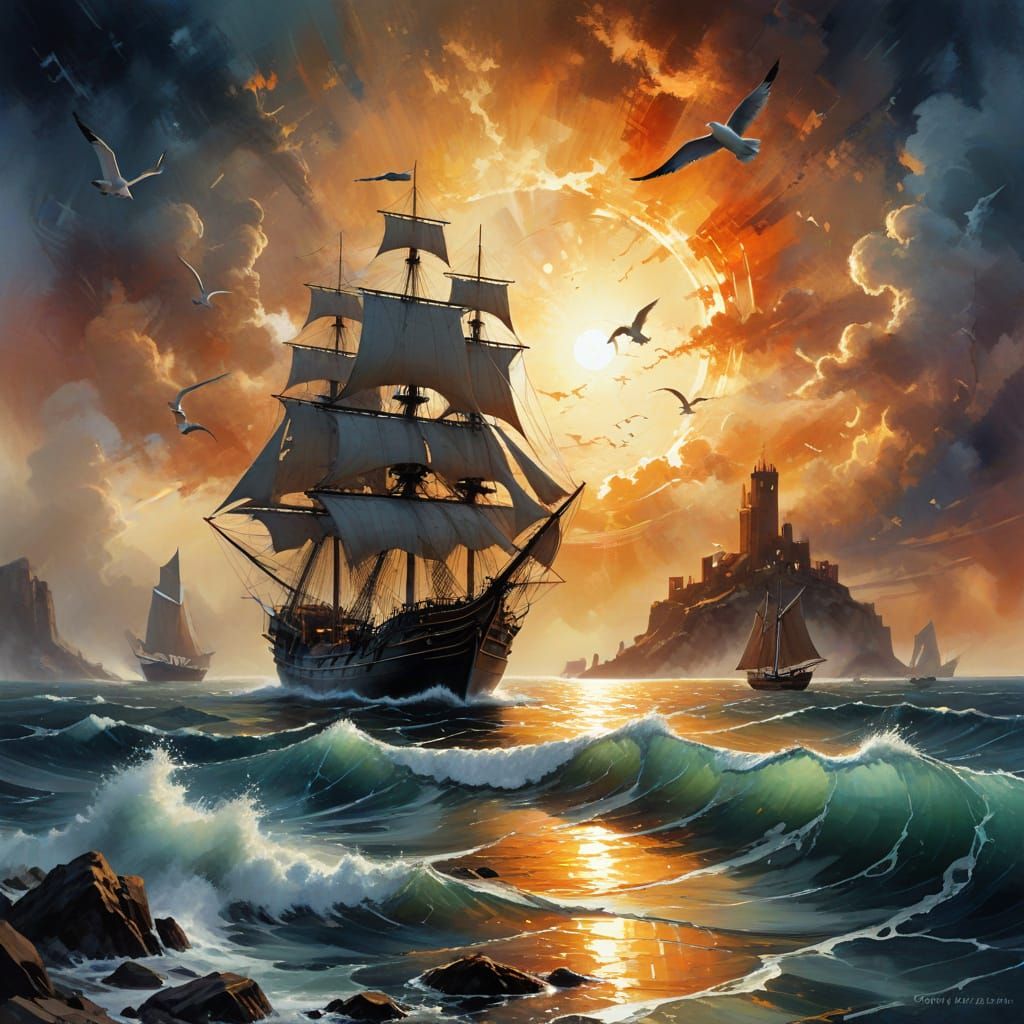 Breathtaking Maritime Sunset with Sailing Ships and Coastal ...