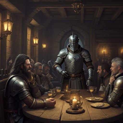 Knight Enters Smoky Tavern in Fantasy Concept Art Style