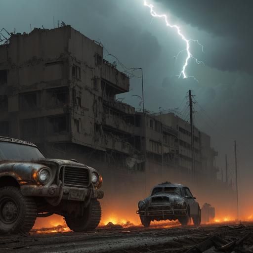 Wasteland Racers in Electric Storm, Comic Book Style