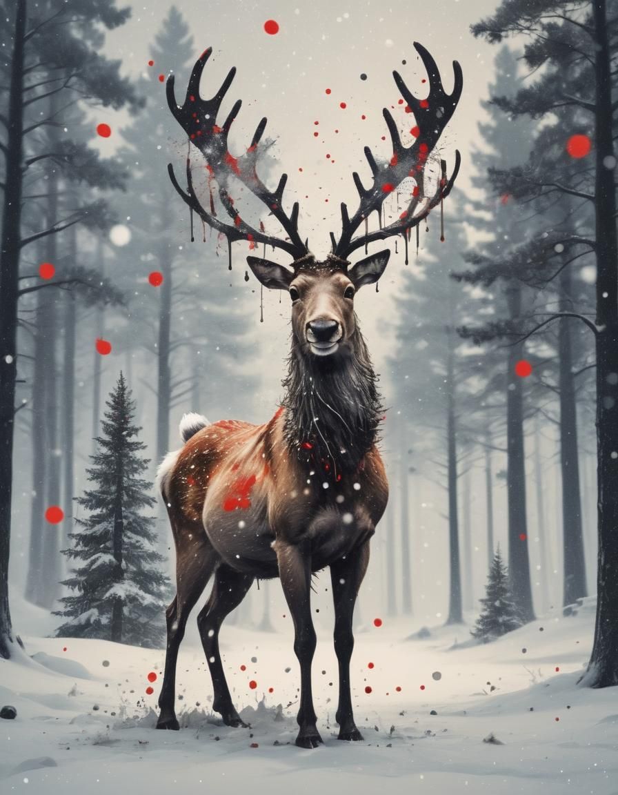 Reindeer with Santa Hat in Splatter Art Snowscape