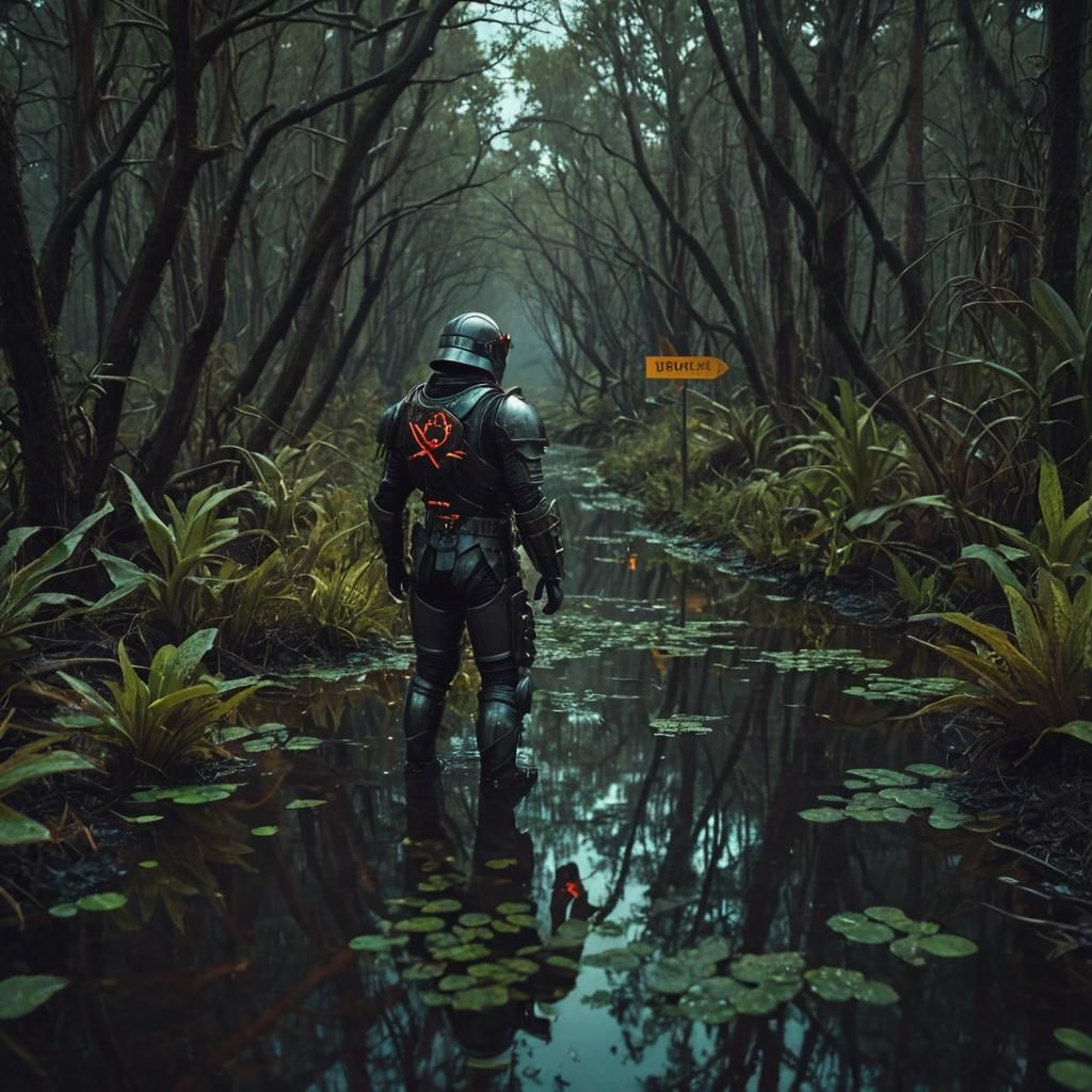 Road Sign Knight Explores Toxic Swamp: Surreal Digital Art
