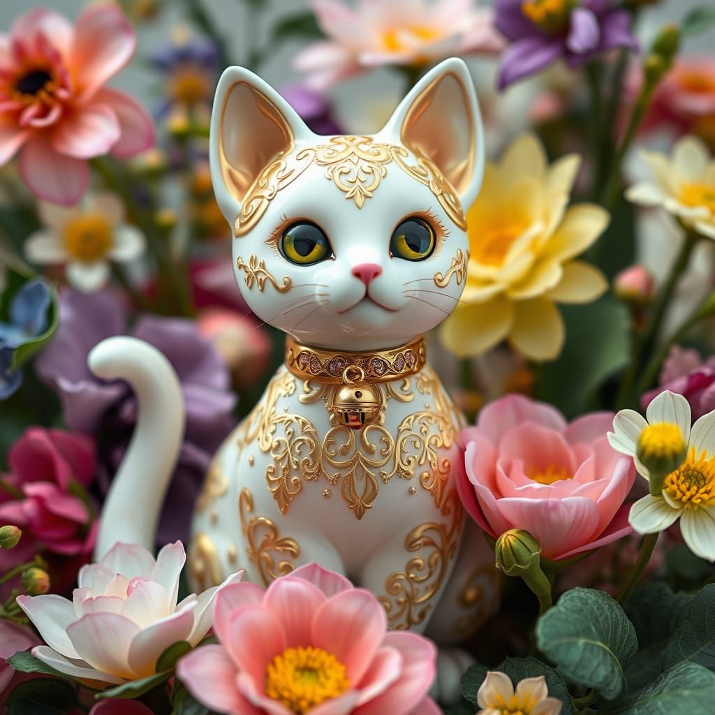 Whimsical Art Nouveau Cat with Floral Accents