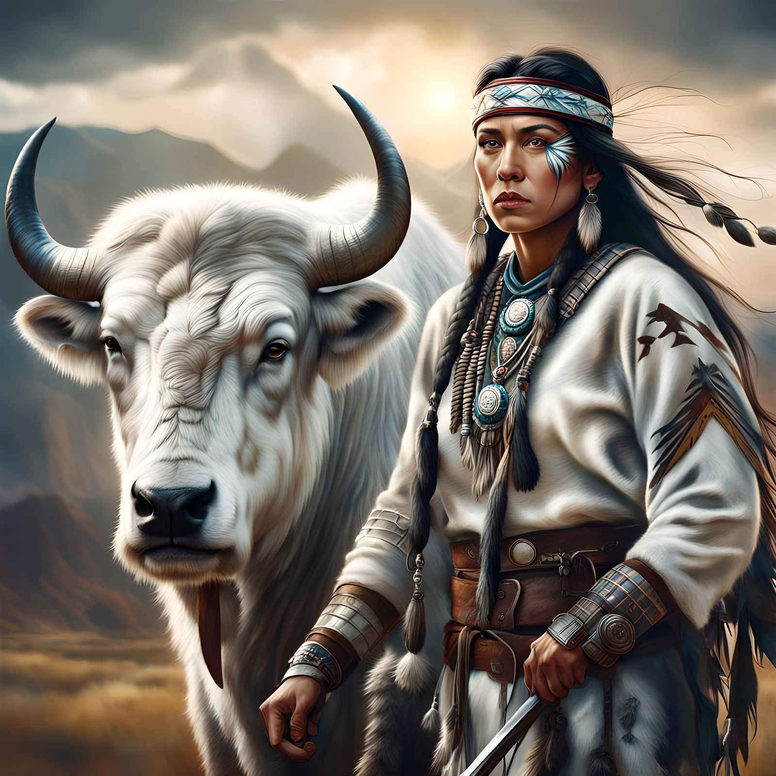 Native American warrior woman with a white buffalo