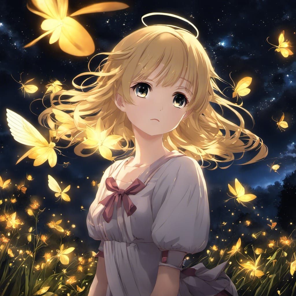 Anime Angel Surrounded by Fireflies at Night