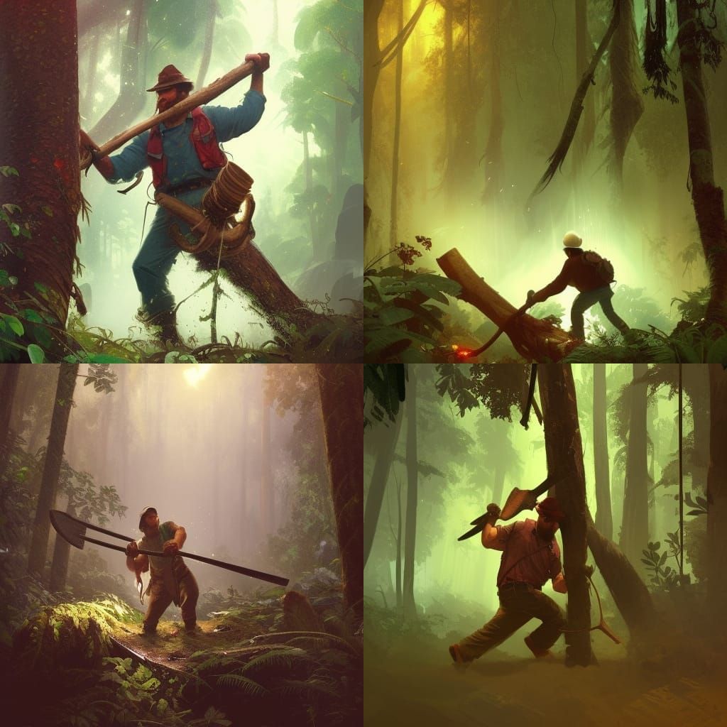 Lumberjack in Amazon Rainforest: Detailed Digital Art