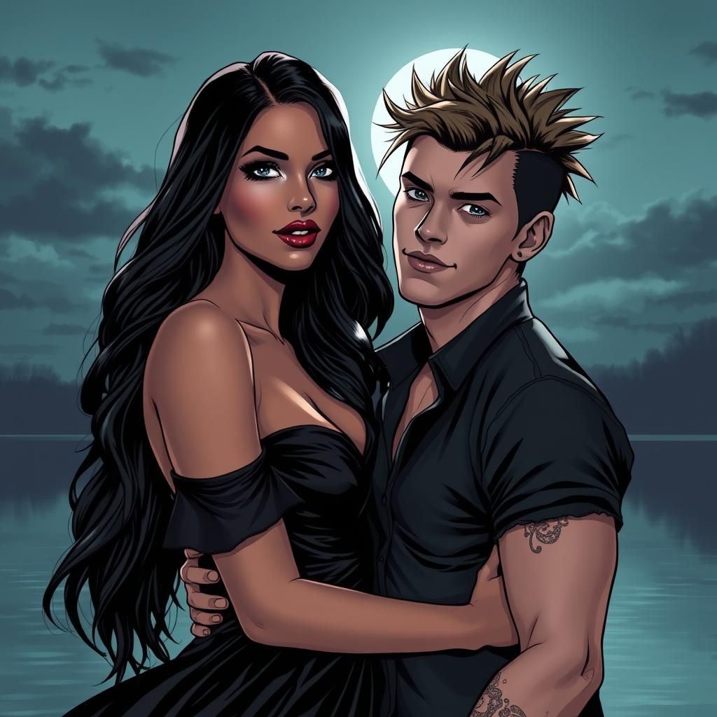 Romantic Lakeside Couple in Comic Book Style