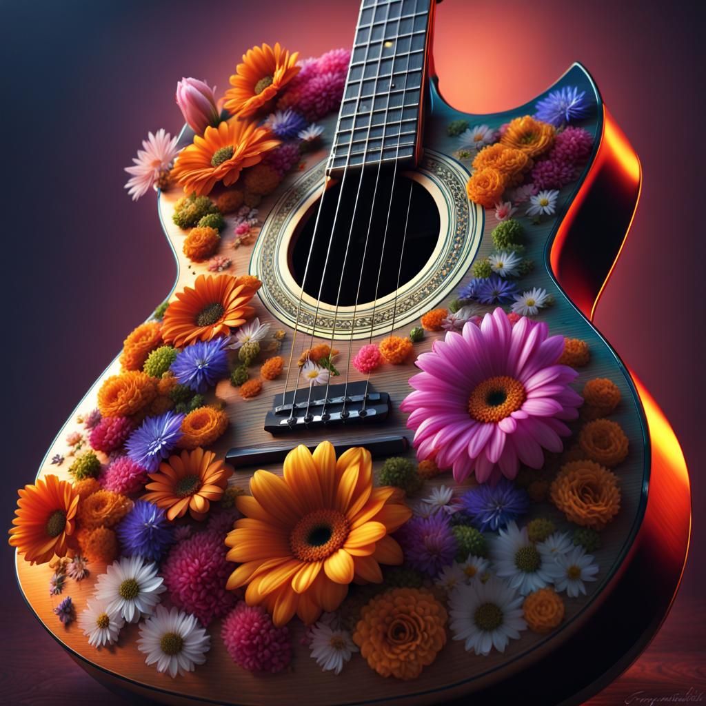 Floral Guitar: Hyperrealistic Art in Complementary Colors