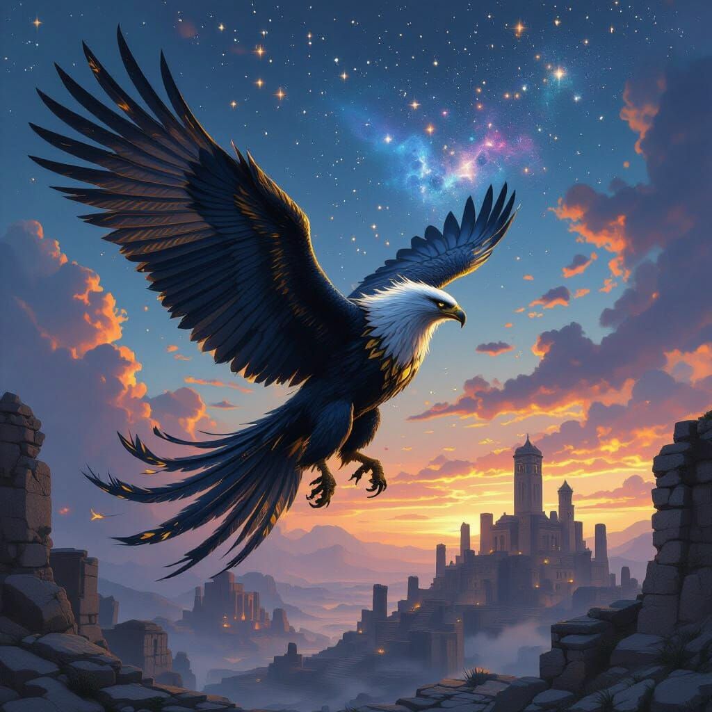 Majestic Griffin Soars Through Twilight Sky