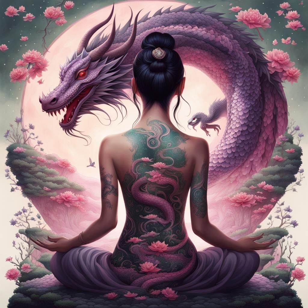Woman with Dragon Tattoo Meditating in Zen Garden