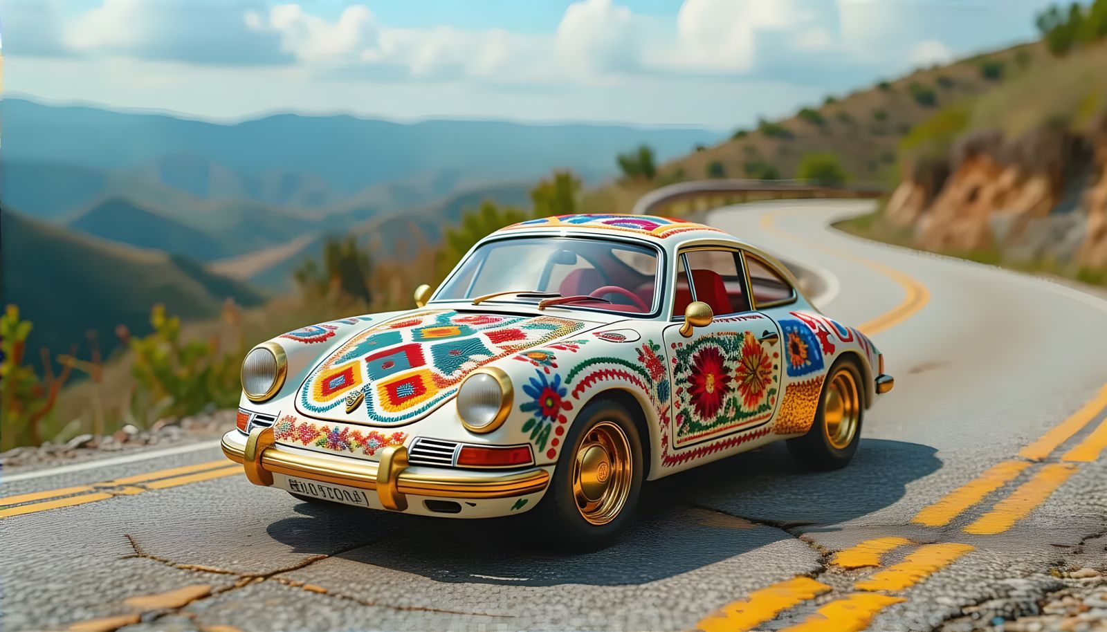 Kintsugi Car on Scenic Drive, Huichol Yarn Painting