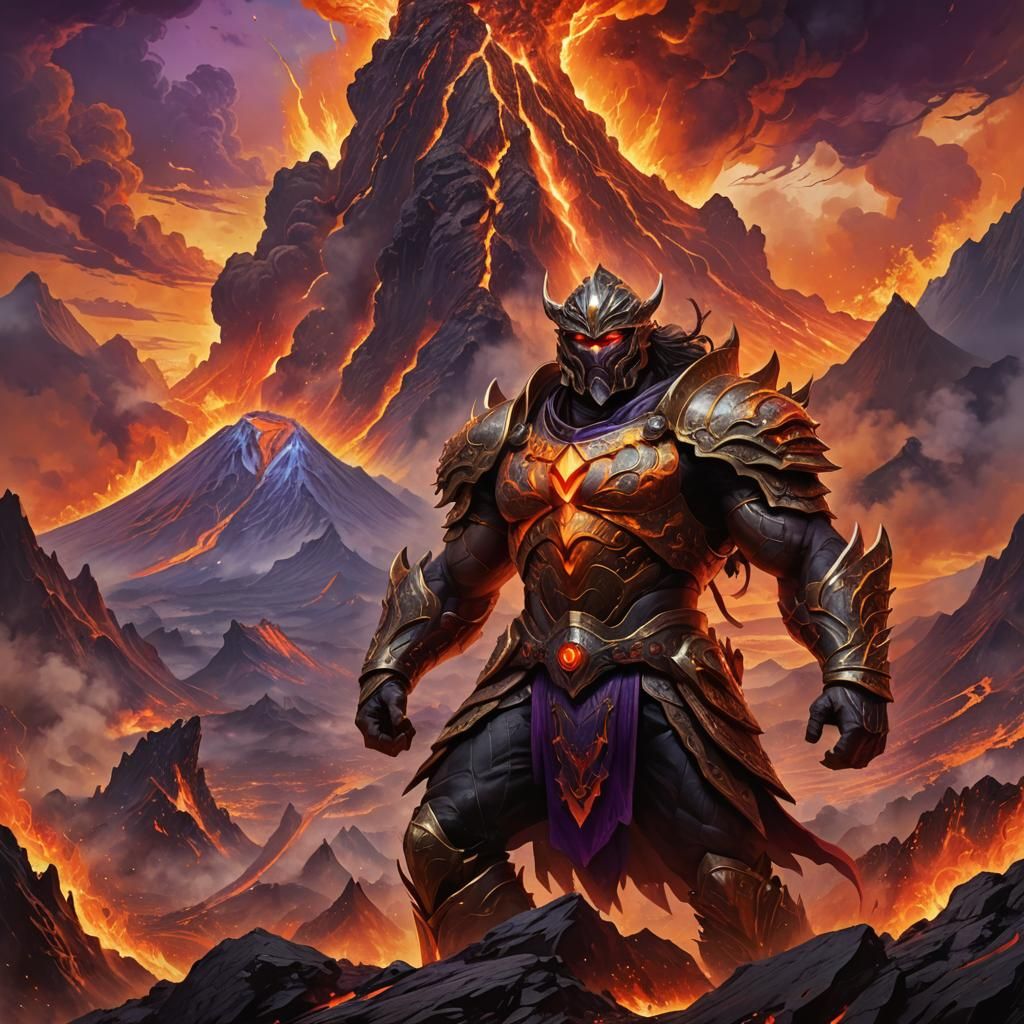 Epic Warrior Confronts Erupting Volcano in Dark Fantasy