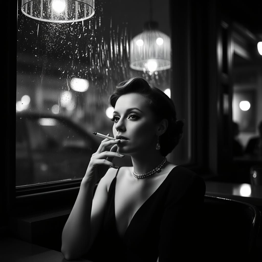 Moody Woman Smoking in Jazz Bar, Vintage Photography